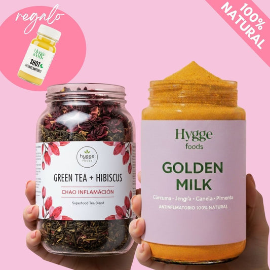 Pack Chao inflamación 100% Natural para 1 mes: Blend té verde+hibisco + Golden Milk + Shot de REGALO + envío GRATIS
