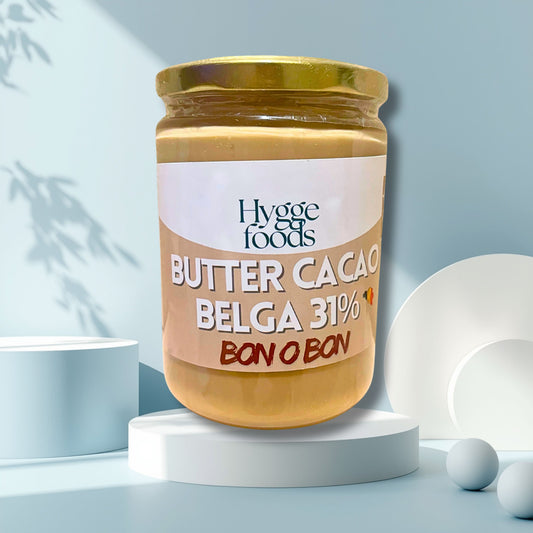 MANTEQUILLA DE MANÍ CON CHOCOLATE BLANCO BELGA 31% CACAO SIN AZÚCAR 500G