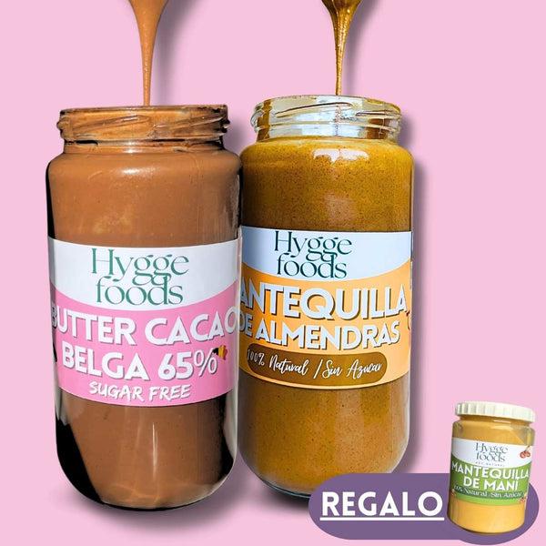 pack match perfecto: mantequilla CHCOCOLATE BELGA 65% +  mantequilla de almendras + 1 Regalo