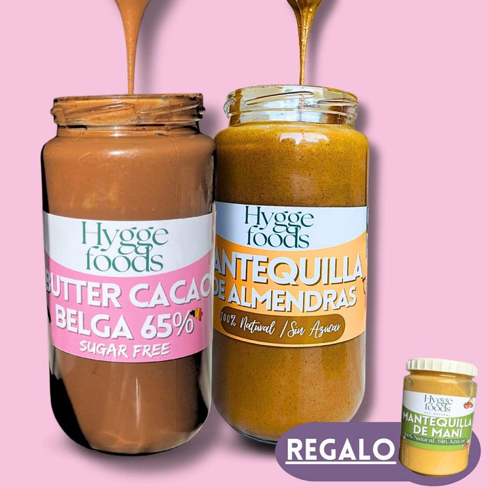 pack match perfecto: mantequilla CHCOCOLATE BELGA 65% +  mantequilla de almendras + 1 Regalo