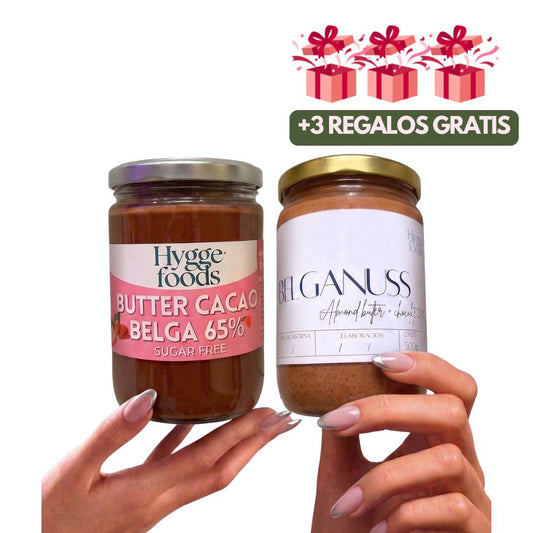 PACK CYBER Chocolatelover: Mantequilla de almendras y maní con chocolate belga + Regalo