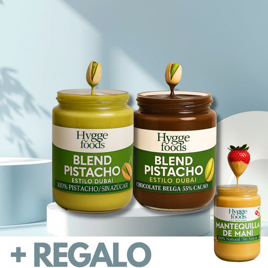 PACK PISTACHO DUBAI: MANTEQUILLA DE PISTACHO CON CHOCOLATE BELGA SIN AZUCAR +1 Regalo GRATIS