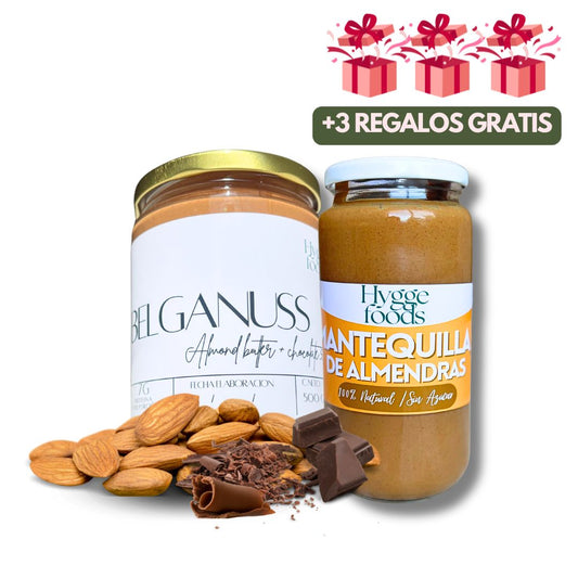 PACK CYBER Antiox Mantequillas de almendra Natural y de chocolate belga + Regalo