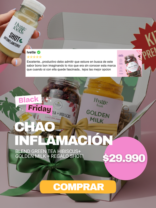 ⭐️ NUEVO Pack Bye  Inflamación para 1 mes: Blend té verde+hibisco + Golden Milk + Shot de REGALO + envío GRATIS