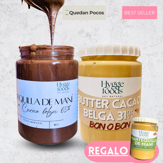 Pack chocolate Lovers (1kg Butter cacao belga real 65% + 1kg Butter bon o bon 31% cacao + 1kg Mantequilla de mani 100% Natural de REGALO
